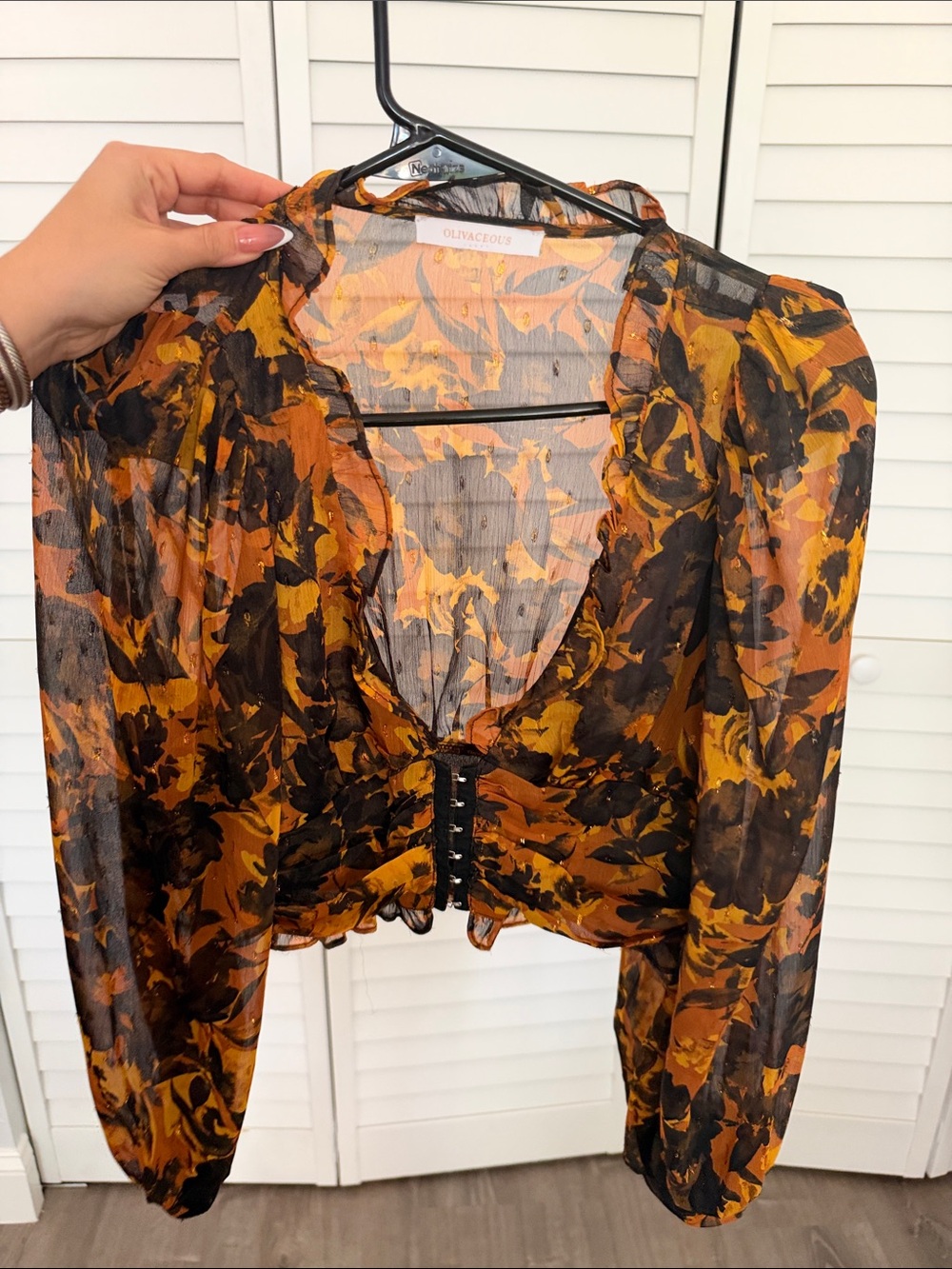 Olivaceous Black and Amber Floral Mesh Tie-Front Blouse